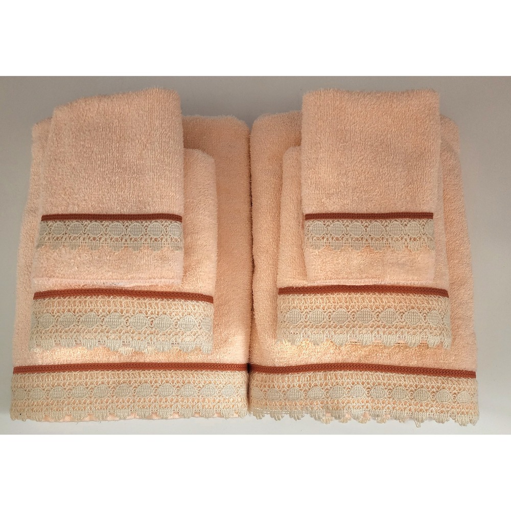 Vintage Dundee Towel Set 6 pc Peach Lace Trim Cotton Blend Bath Hand Washcloth